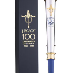 Custom made navy blue gift box with gold writing depicting the Legacy Centenary 100 logo, accompanied by the Centenary Torch